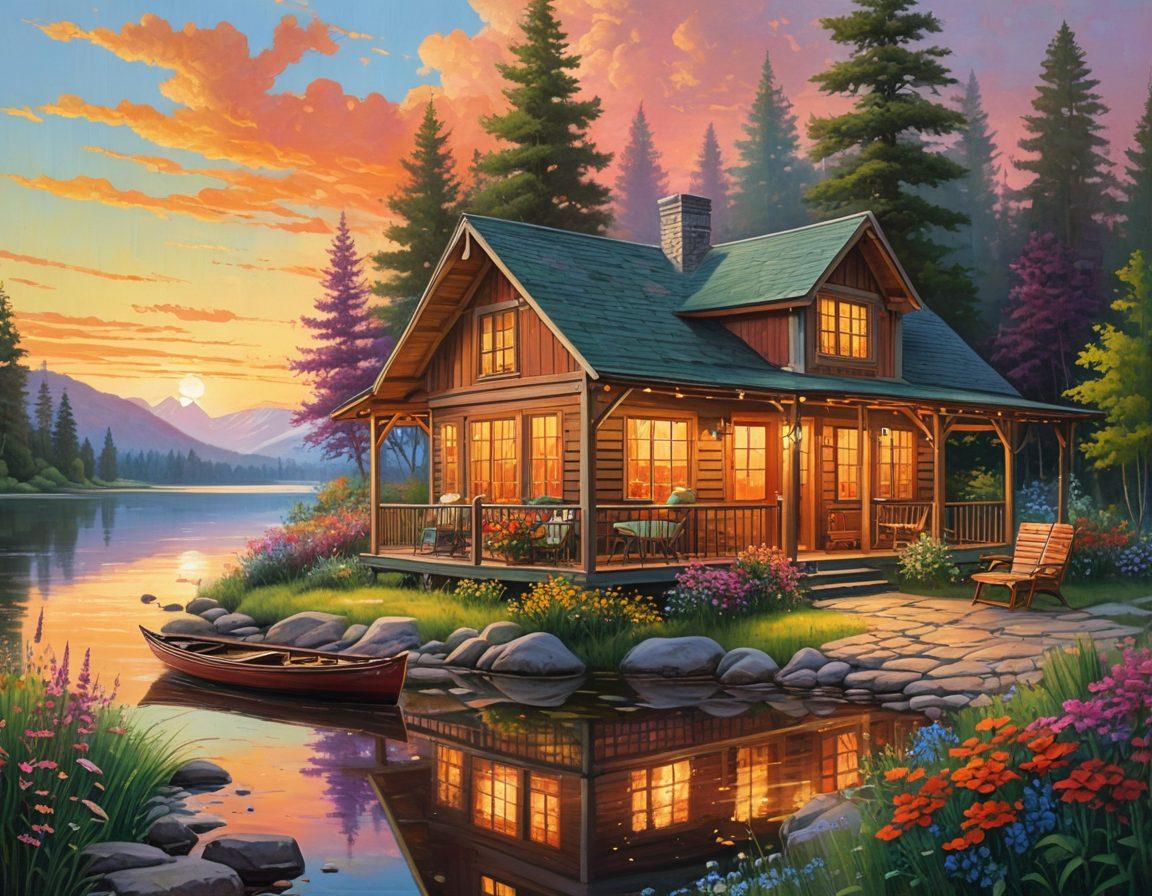 A cozy cabin nestled in a picturesque landscape, surrounded by lush green trees and colorful wildflowers. Include a warm glow from the cabin's windows, indicating a welcoming ambiance. Feature a nearby lake reflecting the serene sky during sunset, with a couple enjoying a peaceful moment on a wooden dock. Emphasize affordability by depicting vintage travel items like old suitcases and a map scattered nearby. painting. vibrant colors. peaceful atmosphere.