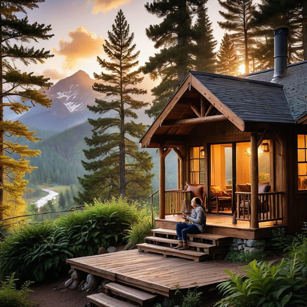 A cozy, inviting cabin surrounded by lush greenery and scenic mountains, showcasing a budget traveler enjoying a cup of coffee on the porch with a breathtaking sunset in the background. Include elements like a backpack and camera to evoke adventure and exploration. Add a touch of warmth and tranquility to emphasize charming escapes. super-realistic. warm tones. vibrant colors.